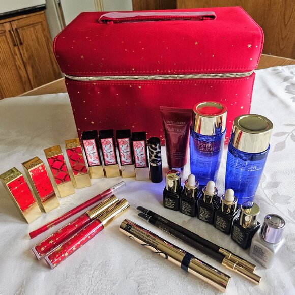 Huge 25 pc Estee Lauder Makeup & Skin Care Lot, 17 Full Size, Includes Red Case - Picture 1 of 5